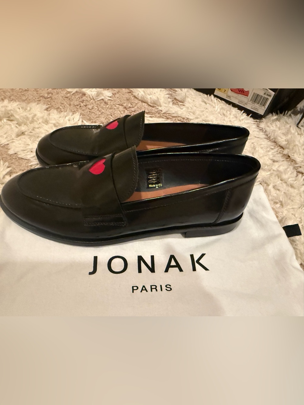 Jonak Black Leather Loafers with Red Accent - Women's Flats